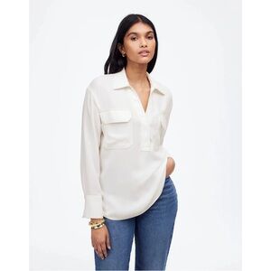 Madewell Winter White Contrast Stitch Long Sleeve Popover Shirt XXS NWT